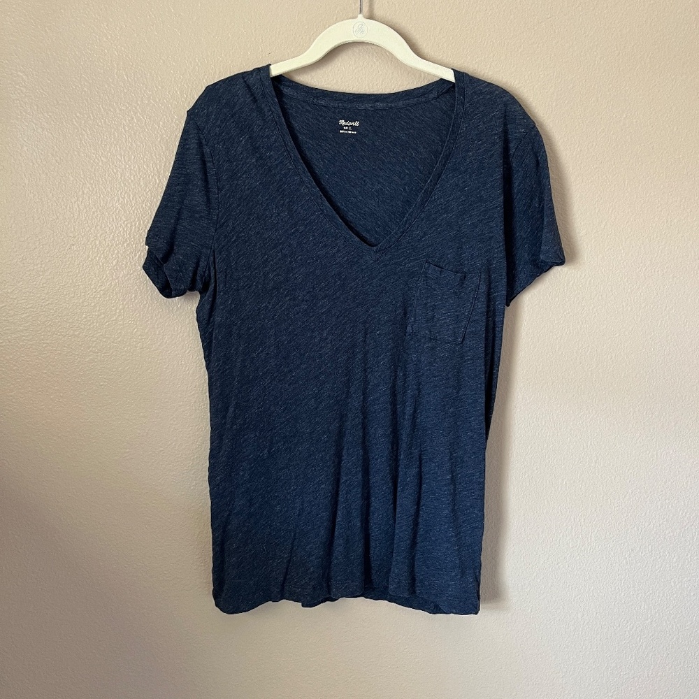 Madewell Dark Blue V Neck Short Sleeve Tee Shirt with Pocket